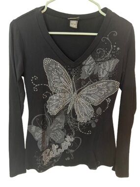 Y2K Dots Butterfly Rhinestone “Believe”Long Sleeve V-Neck Tee Black,Size Medium